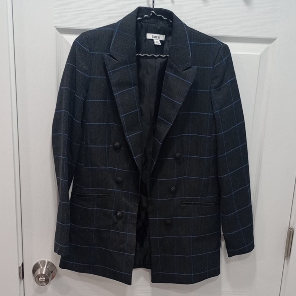 Bar III Black Blazer with Blue Check Pattern